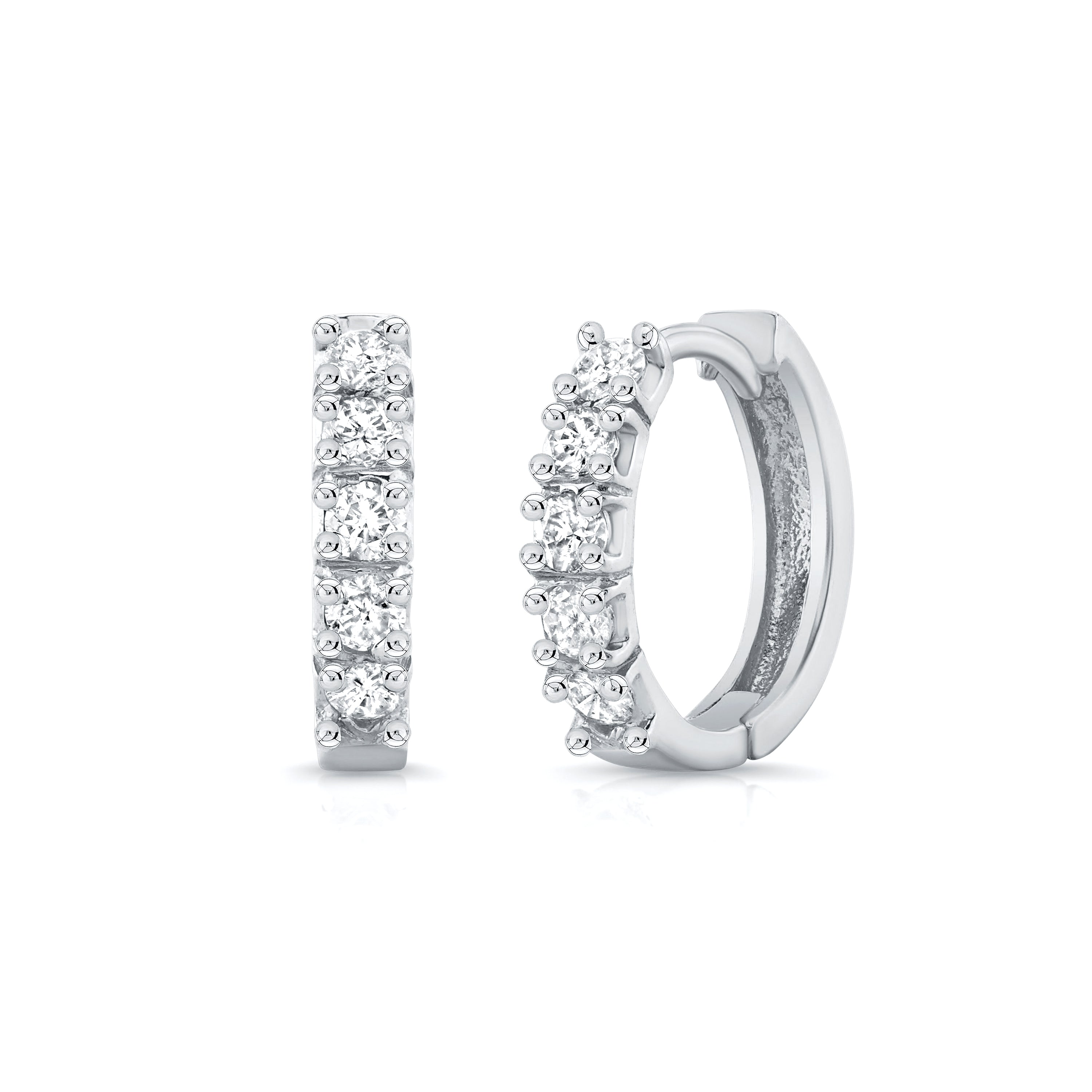 Pair of diamond hoop earrings on a white background