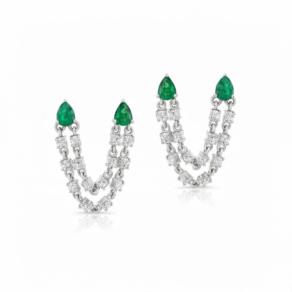 Double Piercing Emerald and Diamond Earrings