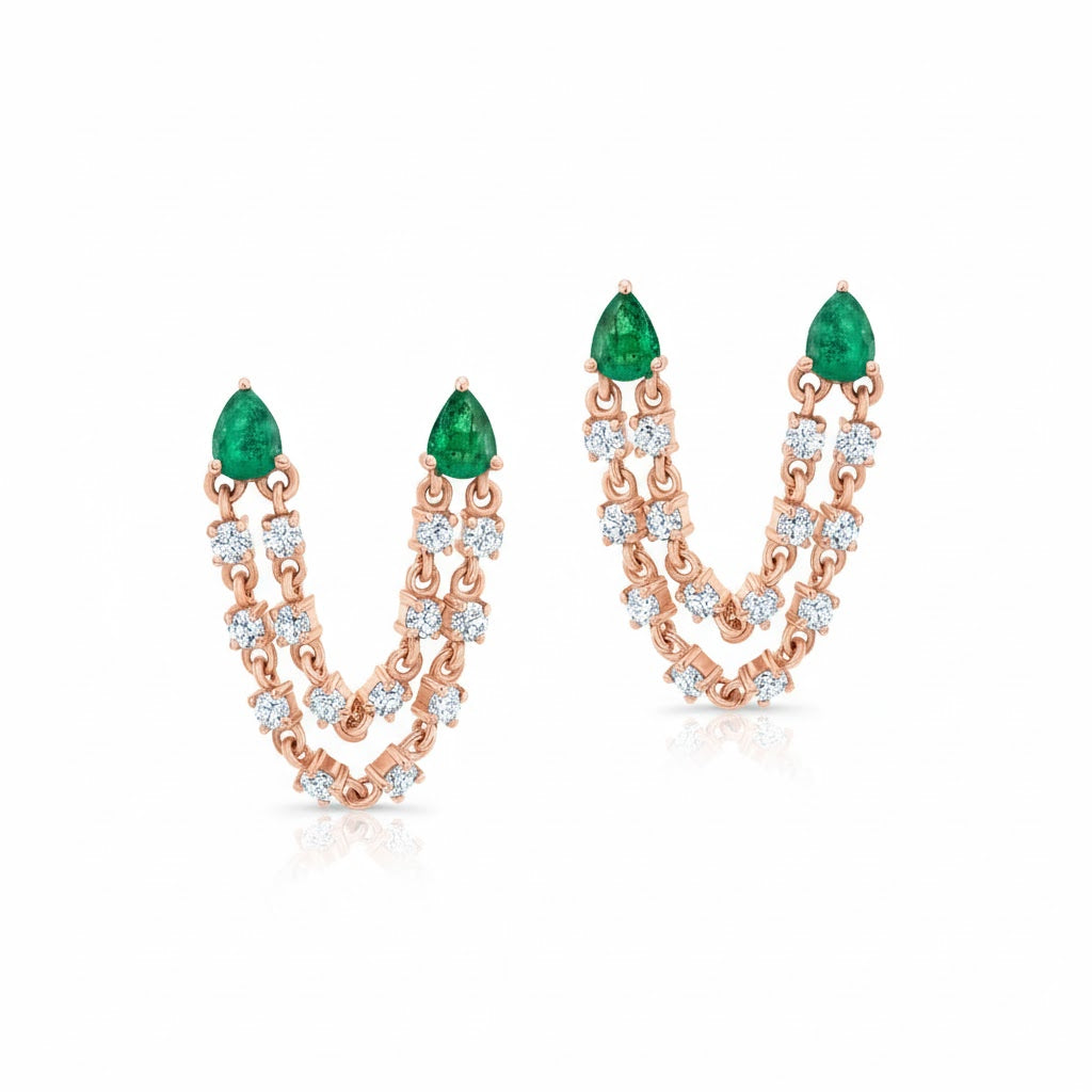 Double Piercing Emerald and Diamond Earrings