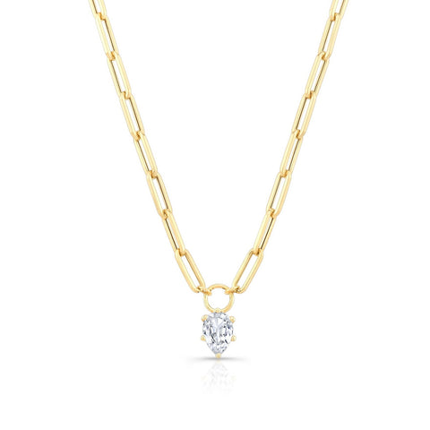 14ky gold paperclip chain necklace with pear shaped white sapphire. Shop fine jewelry necklaces with Carter Eve Jewelry.