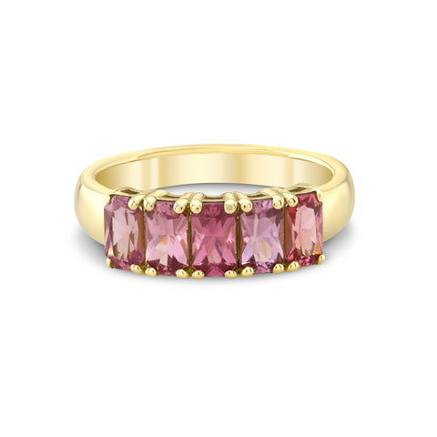 14ky gold ring with emerald cut pink spinel gemstones