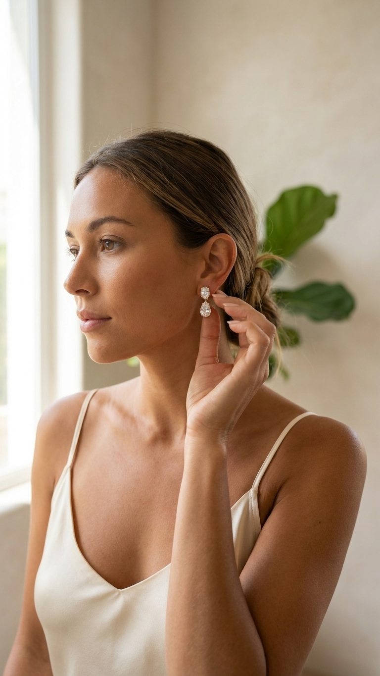 Woman wearing a white tank top and pearl earrings, standing indoors with a neutral background.
