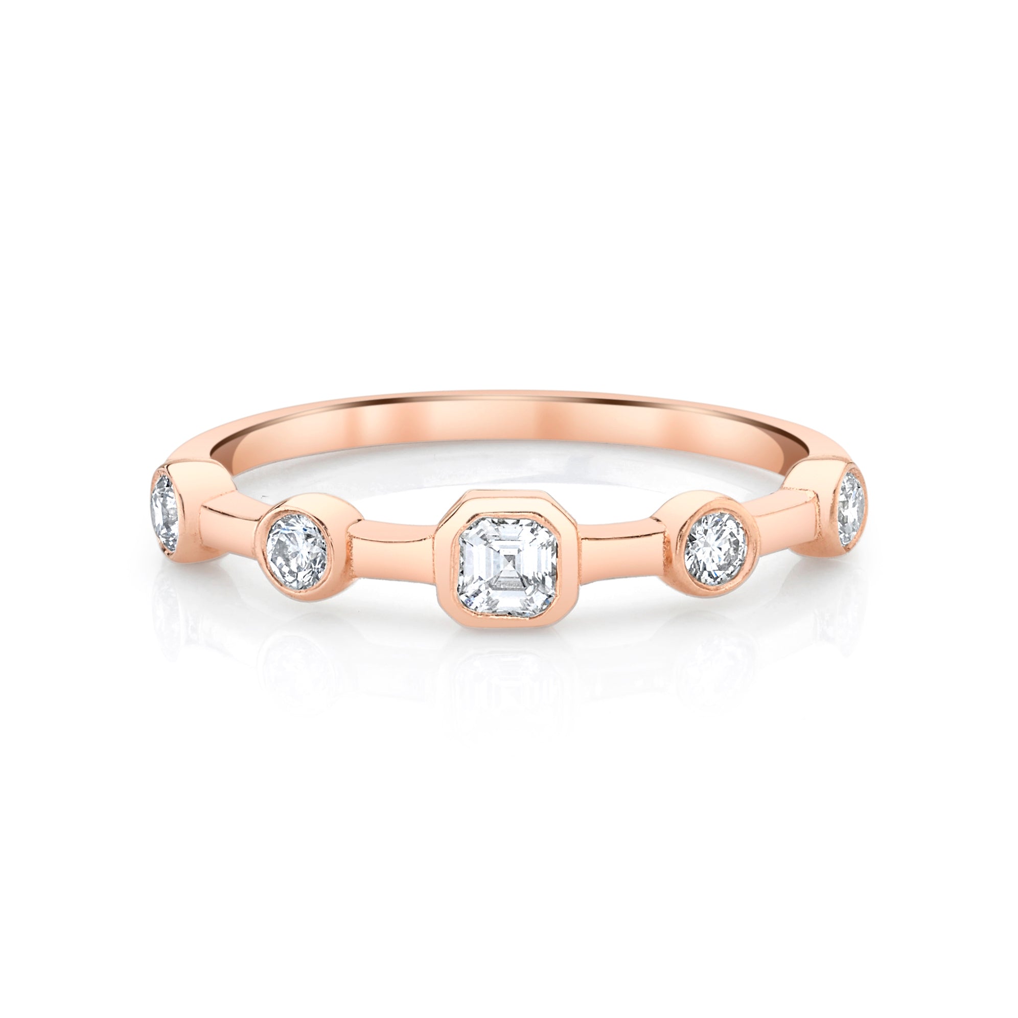 14k rose gold ring with asscher diamond and round diamonds