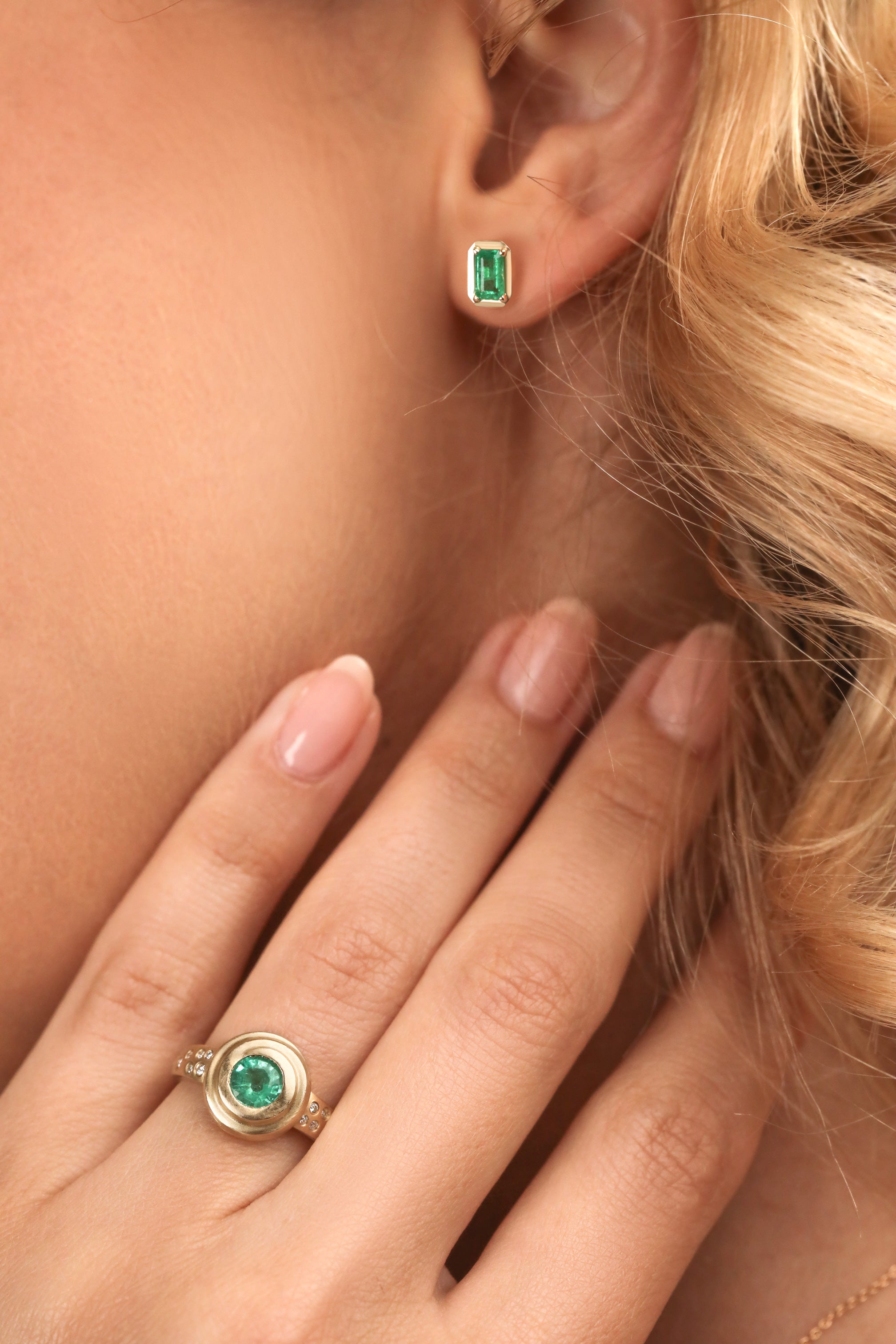 14k gold emerald earrings and emerald ring by carter eve jewelry