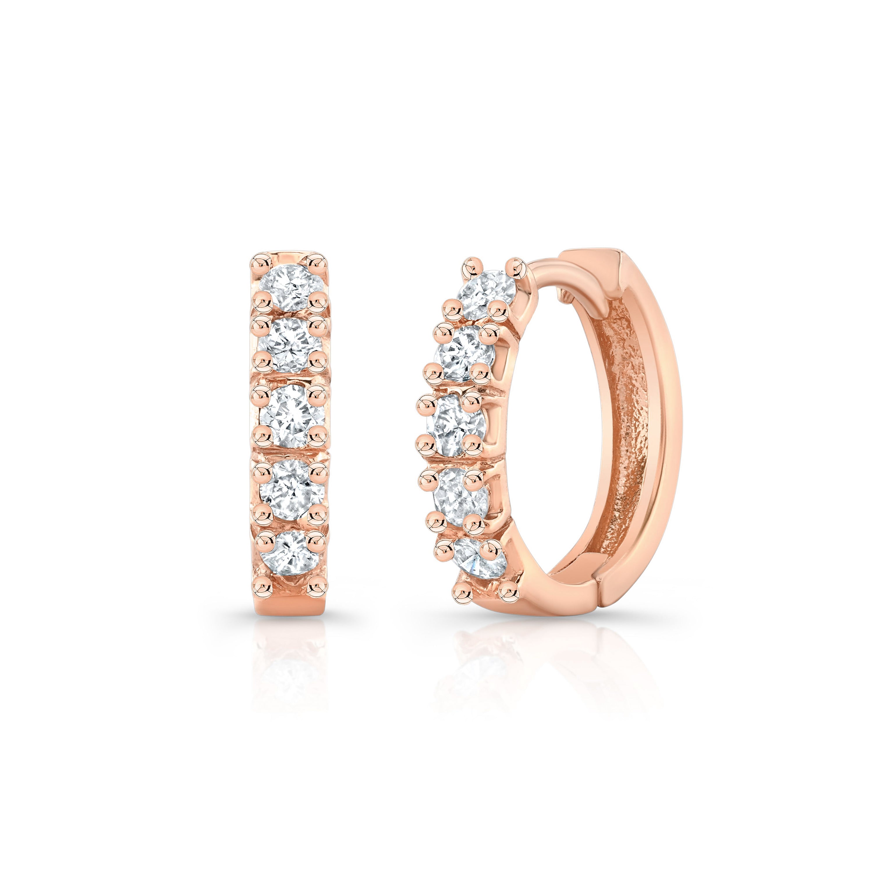 Rose gold hoop earrings with diamonds on a white background