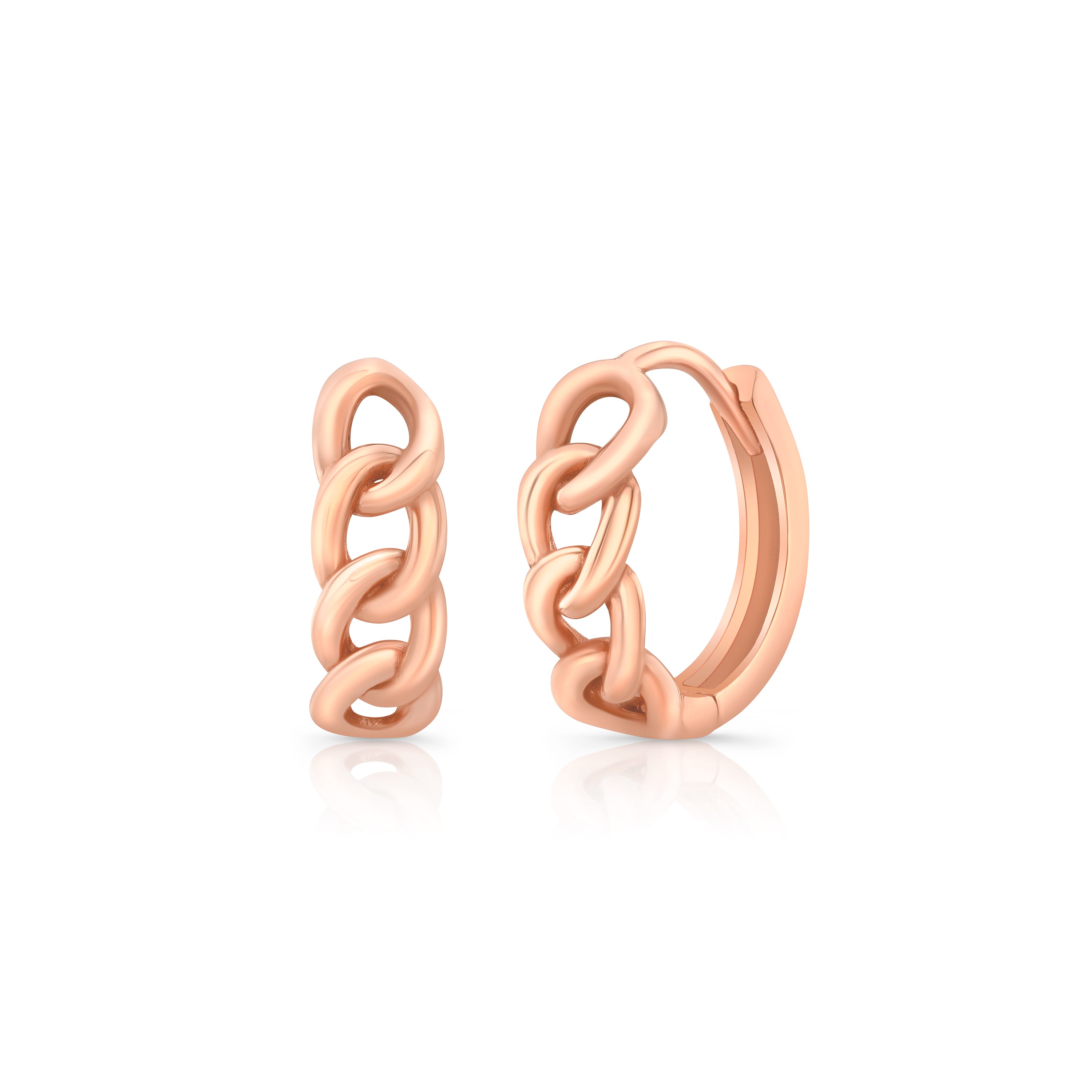 Pair of 14k rose gold chain link hoop earrings on a white background