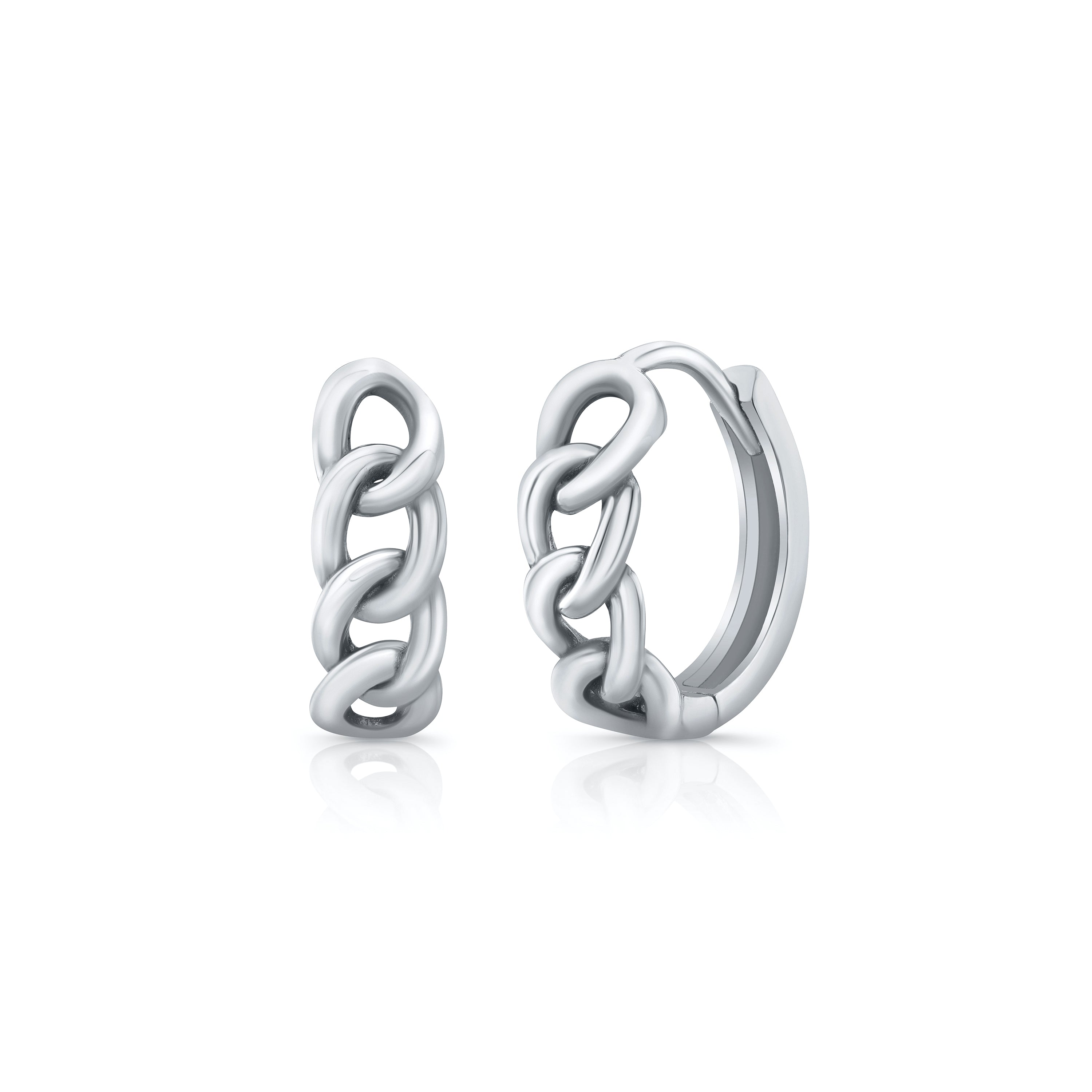Pair of 14k white gold chain-link hoop earrings on a white background