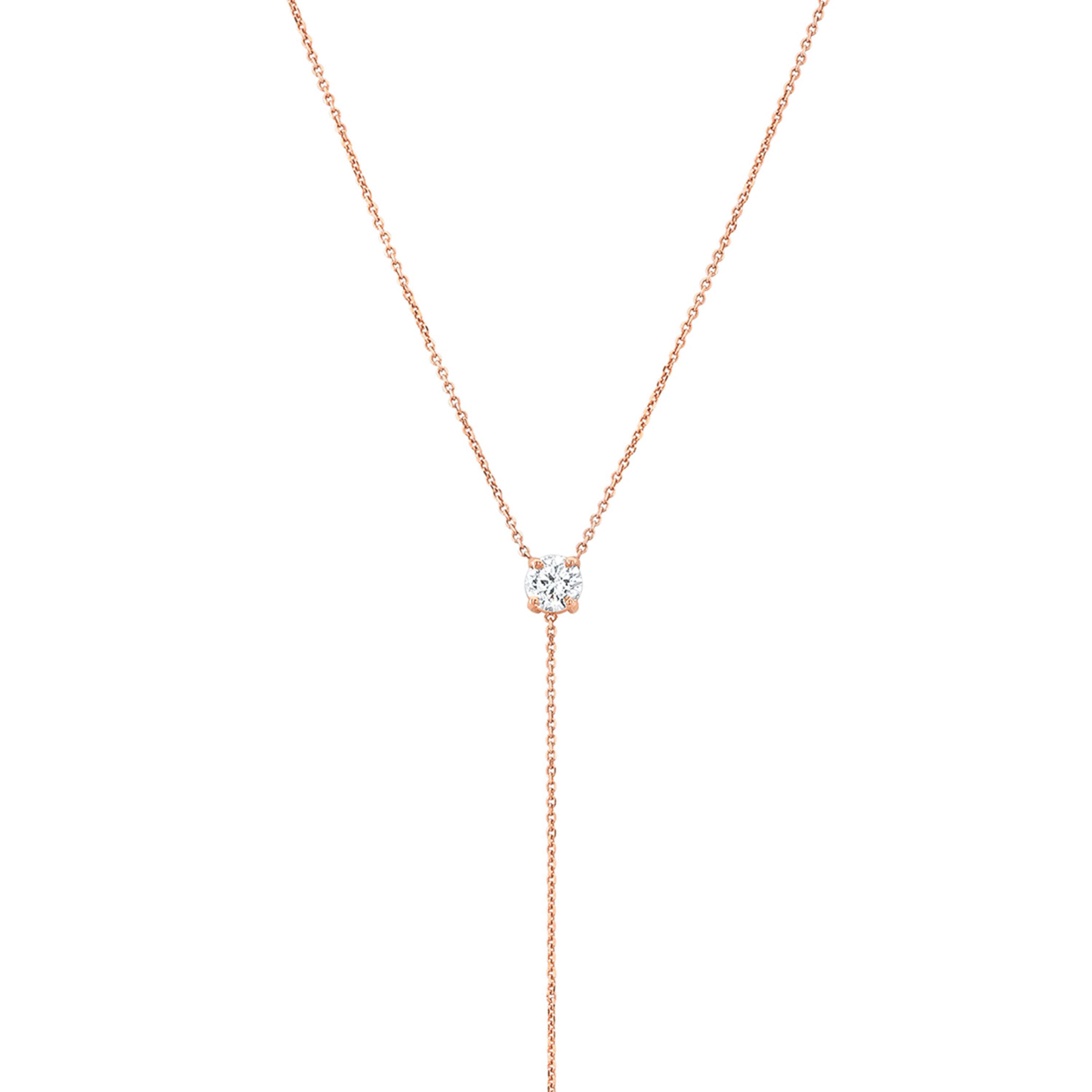 Rose gold necklace with a small diamond pendant on a white background