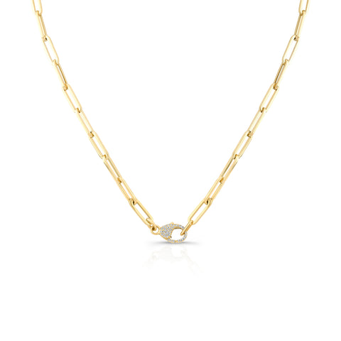 14k gold paperclip necklace with diamond pave clasp