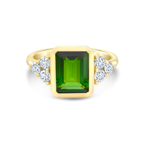 14ky gold engagement ring with green tourmaline and diamonds