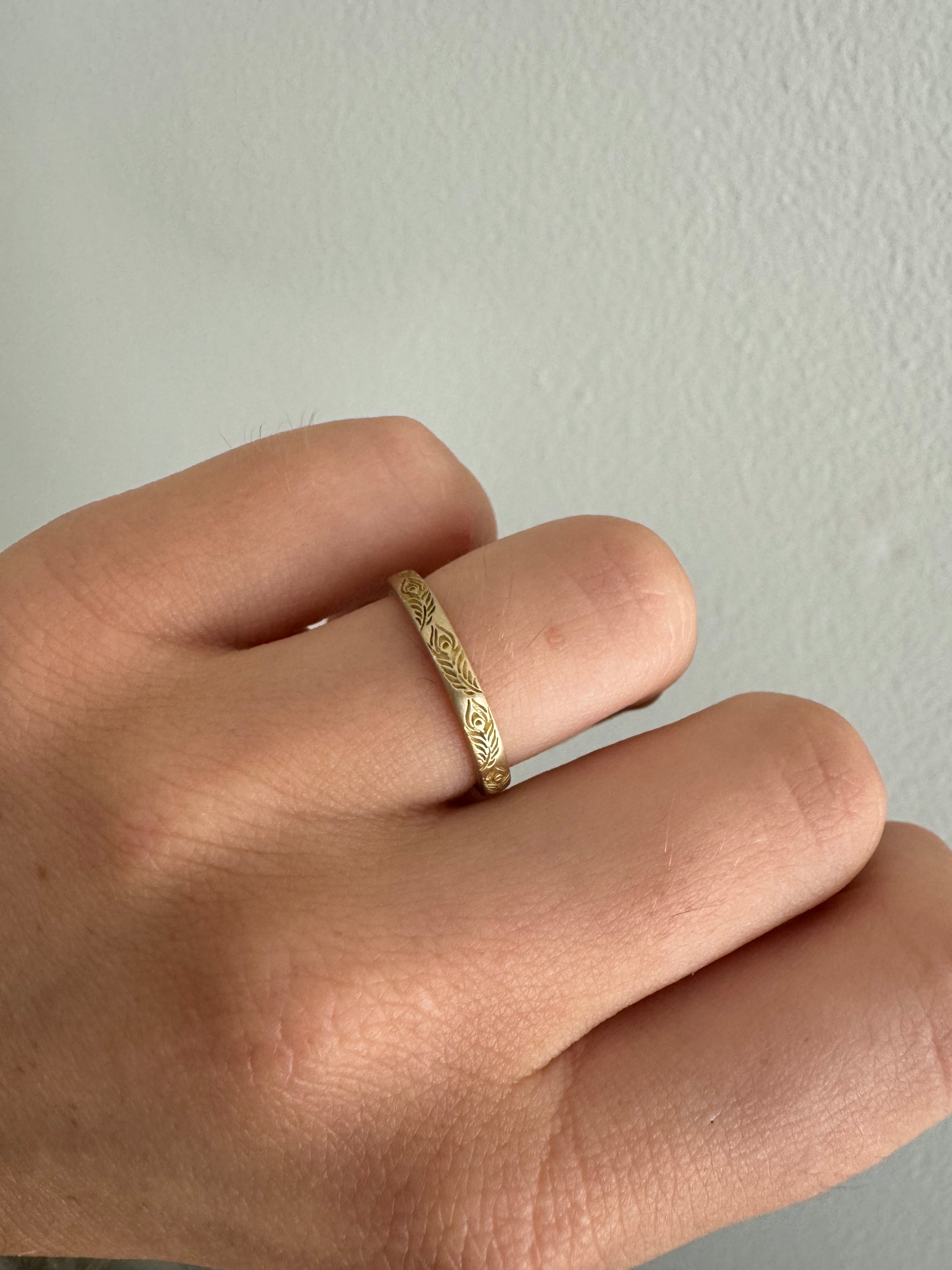 14K Gold Peacock Feather Wedding Band by Carter Eve Jewelry