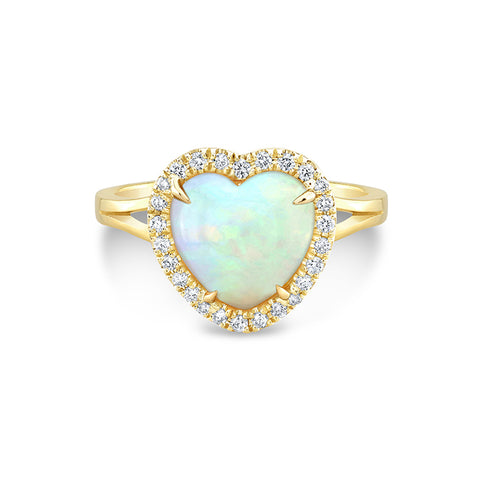14ky gold ring with heart shaped australian opal and diamond halo