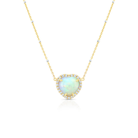 14ky gold necklace with heart shaped australian opal, surrounded by a diamond halo