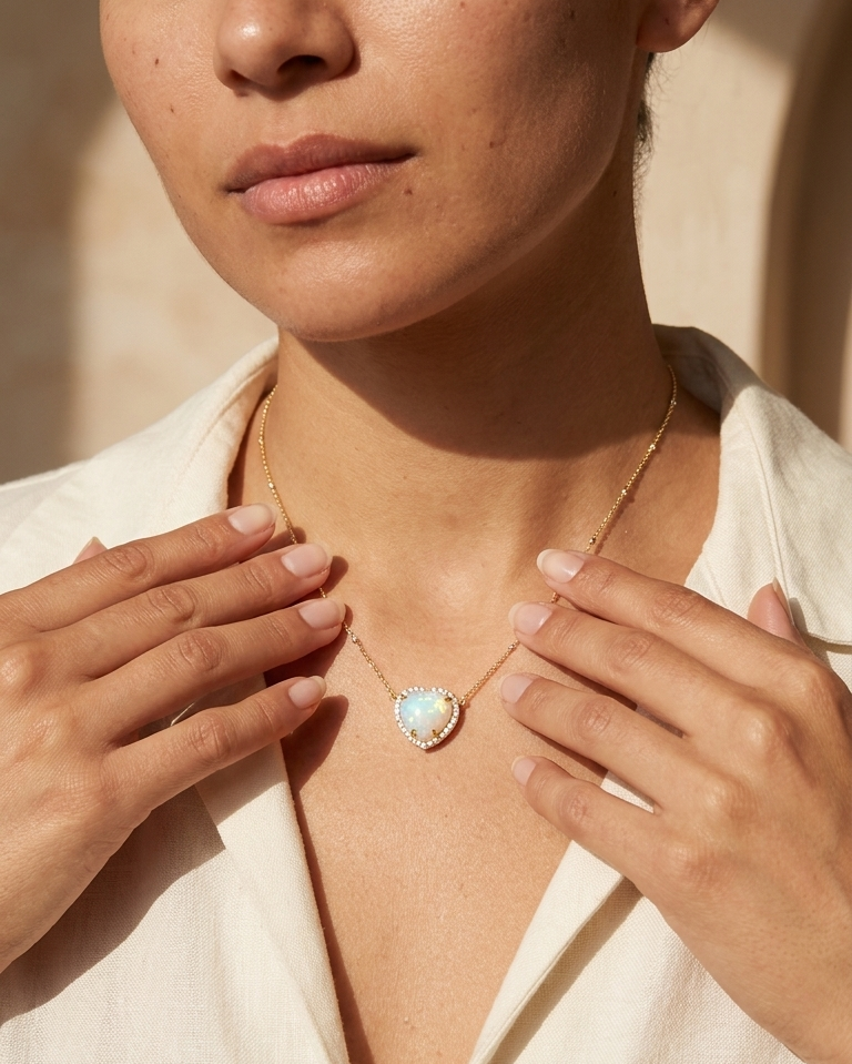 A close-up lifestyle shot of a woman wearing a delicate gold chain necklace with a heart-shaped pendant featuring a milky white iridescent inlay, set against a warm beige background.