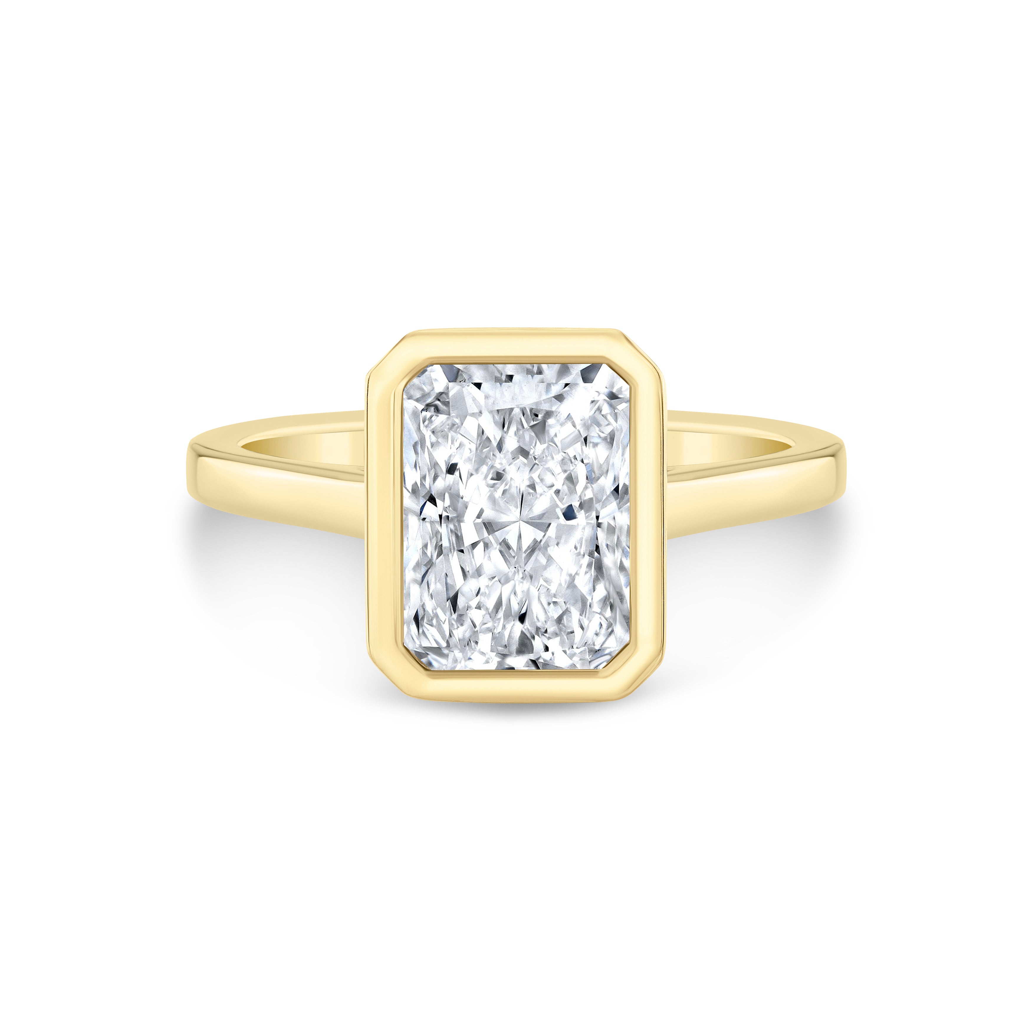 radiant cut diamond bezel solitaire engagement ring in 14k yellow gold