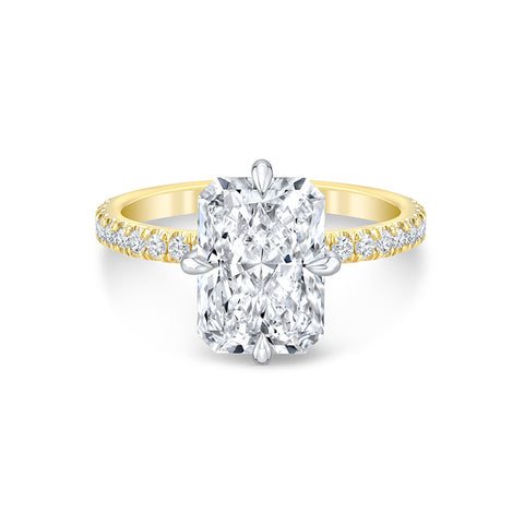 radiant cut diamond solitaire engagement ring with a two-tone diamond band