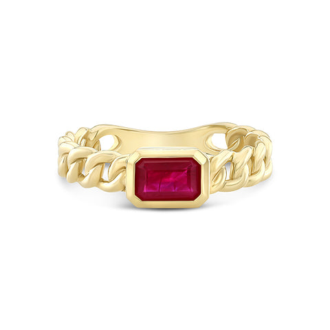 14ky gold chain ring with elegant ruby center stone. Shop now for a touch of luxury.