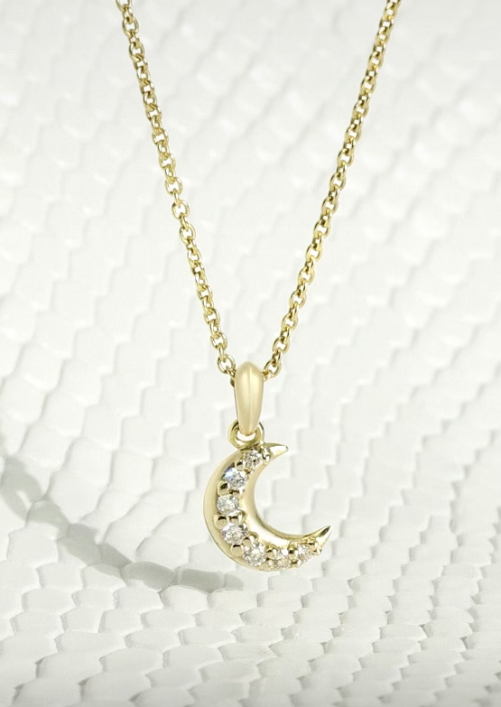diamond crescent moon pendant necklace in solid yellow gold