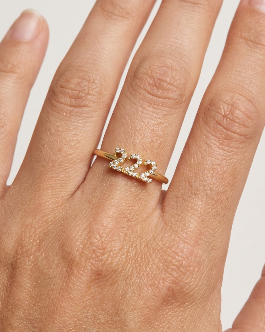 Diamond 222 Angel Number Ring 14K Gold
