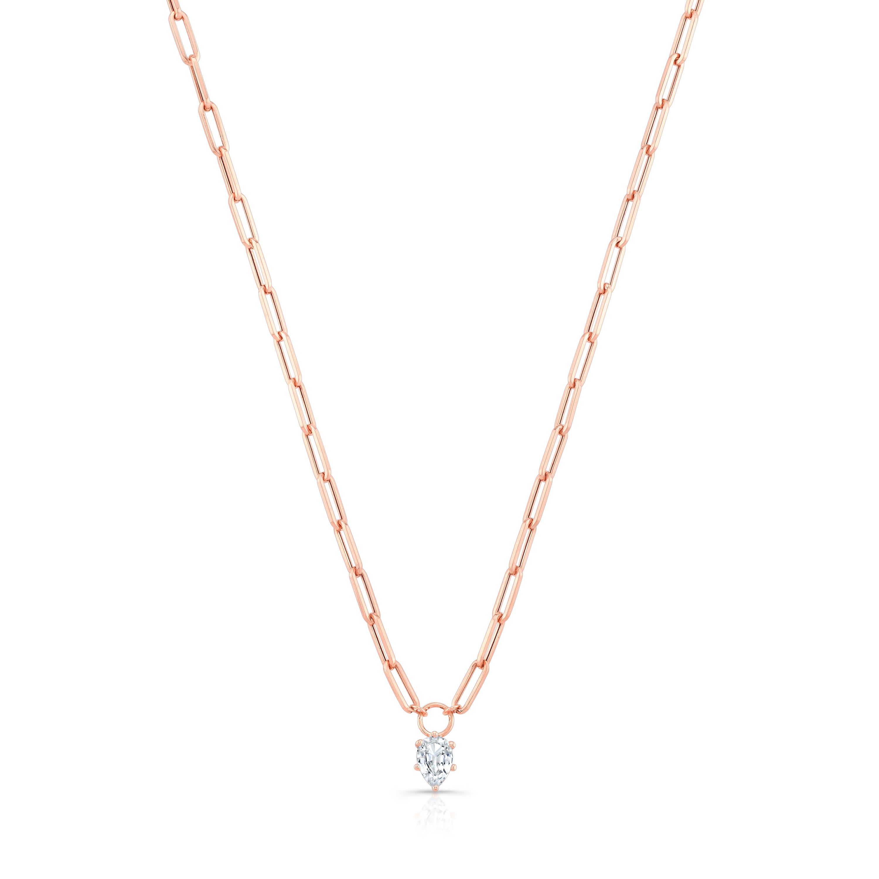 14k rose gold necklace with pear shaped white sapphire 