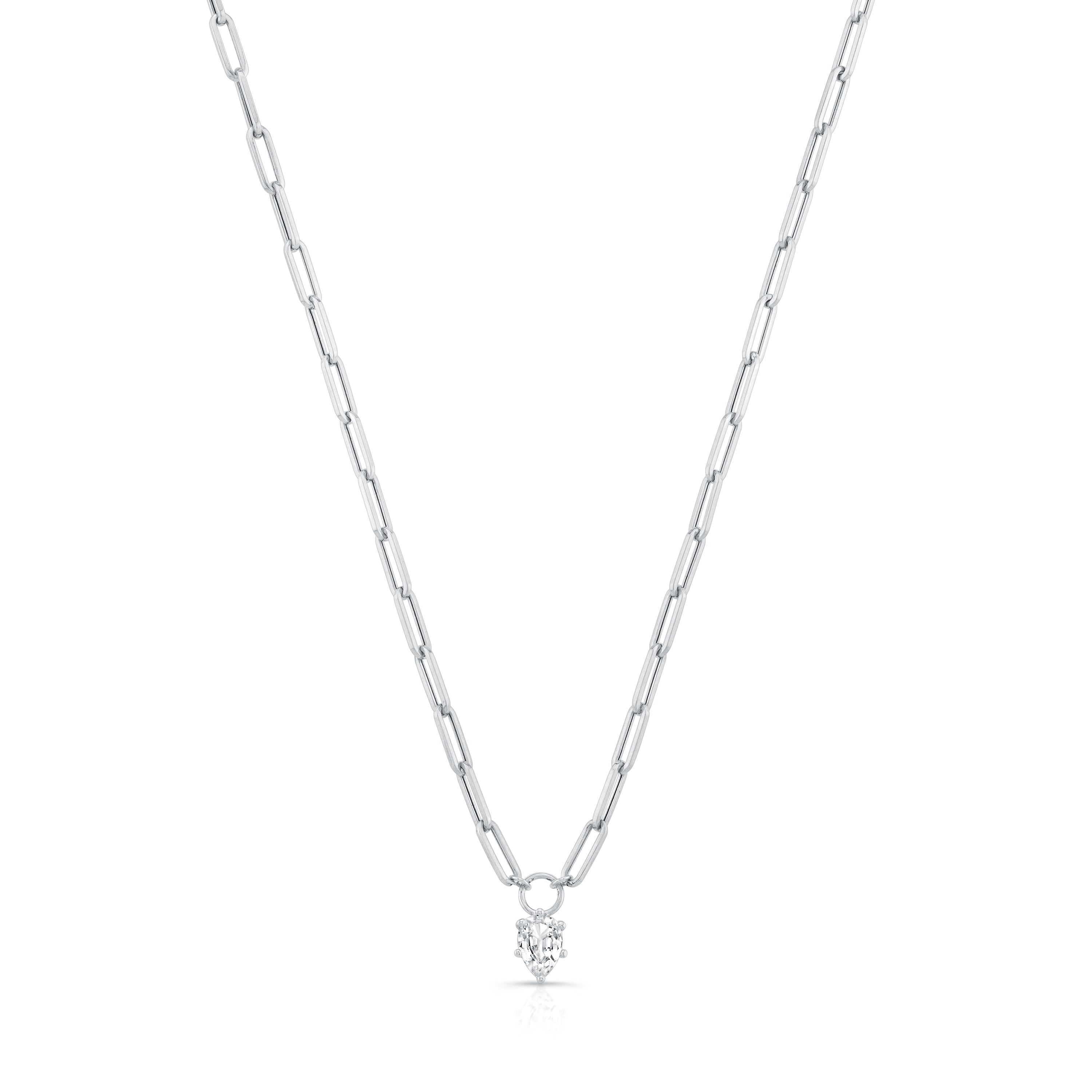 14k gold white gold necklace with pear shaped white sapphire pendant