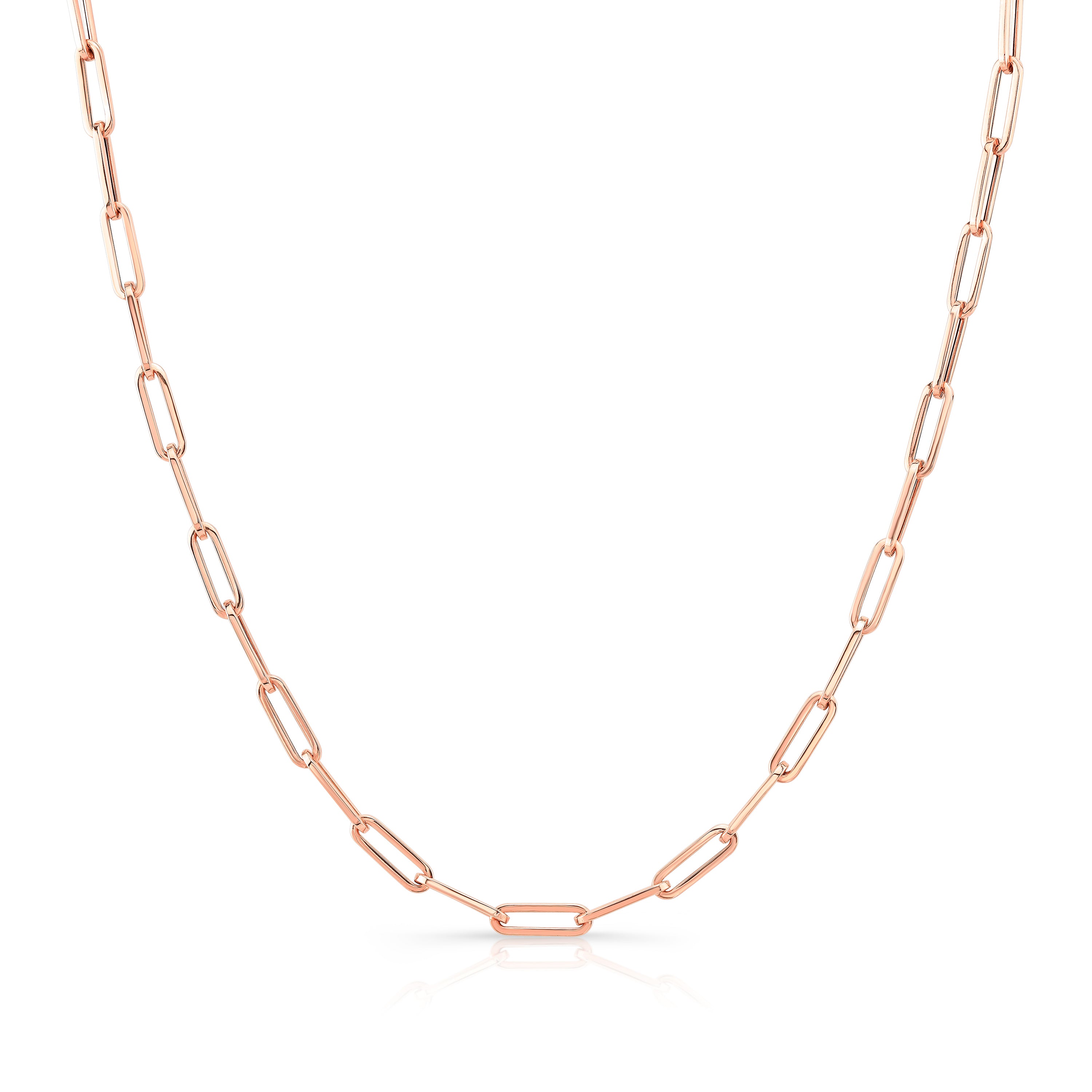 14k Rose gold paper clip chain necklace on a white background