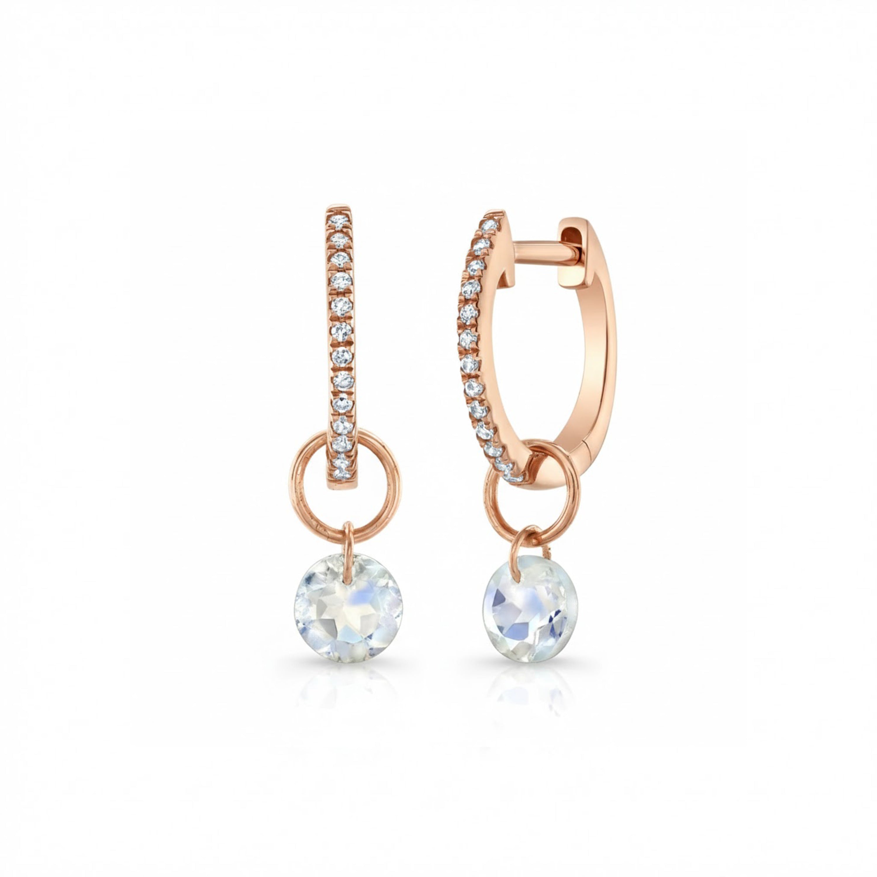 Delicate Diamond Hoops with Moonstone Drops (10mm)