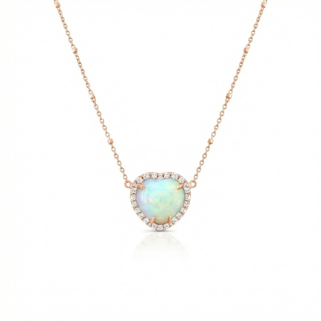 Opal Heart with Diamond Halo Necklace