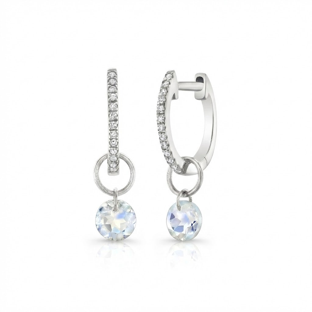 Delicate Diamond Hoops with Moonstone Drops (10mm)