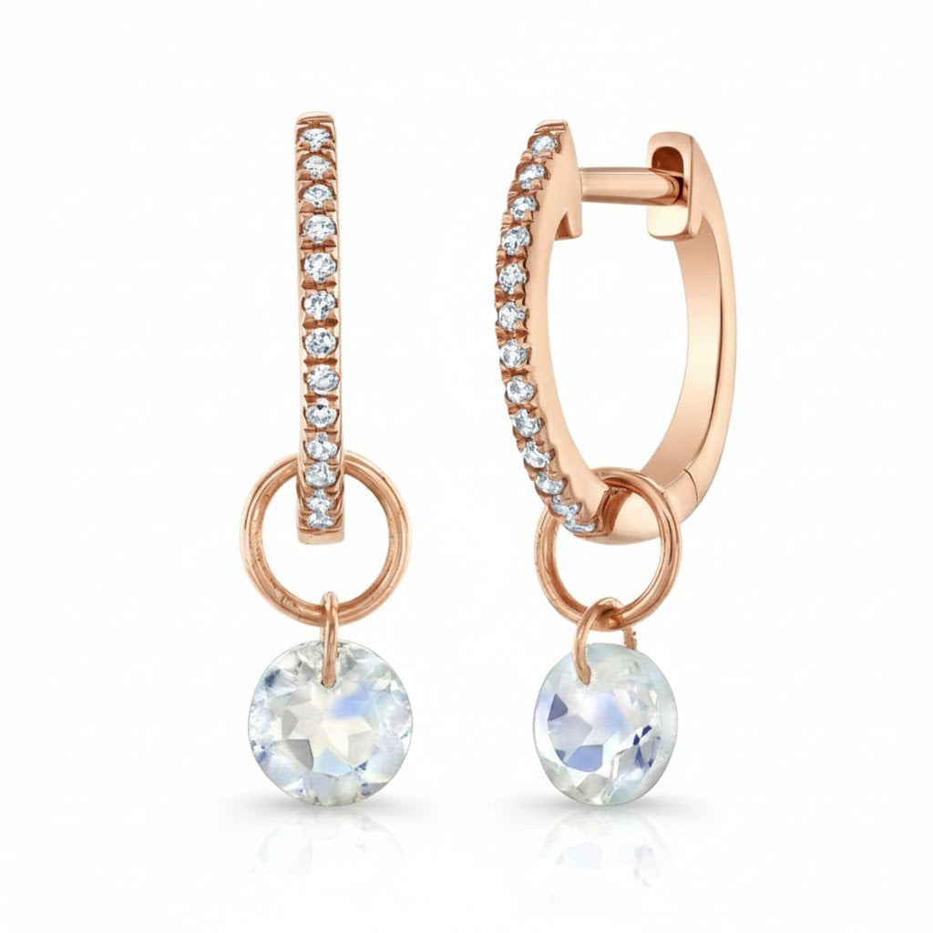 Delicate Diamond Hoops with Moonstone Drops (10mm)