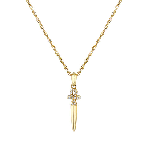 14ky gold necklace with ankh dagger charm with pave diamonds