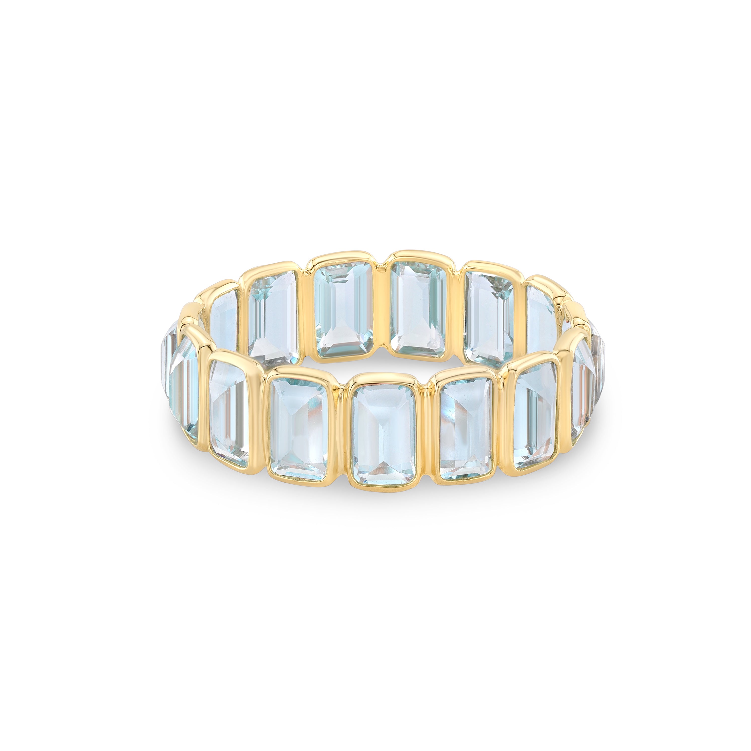 emerald cut aquamarine eternity ring in solid gold