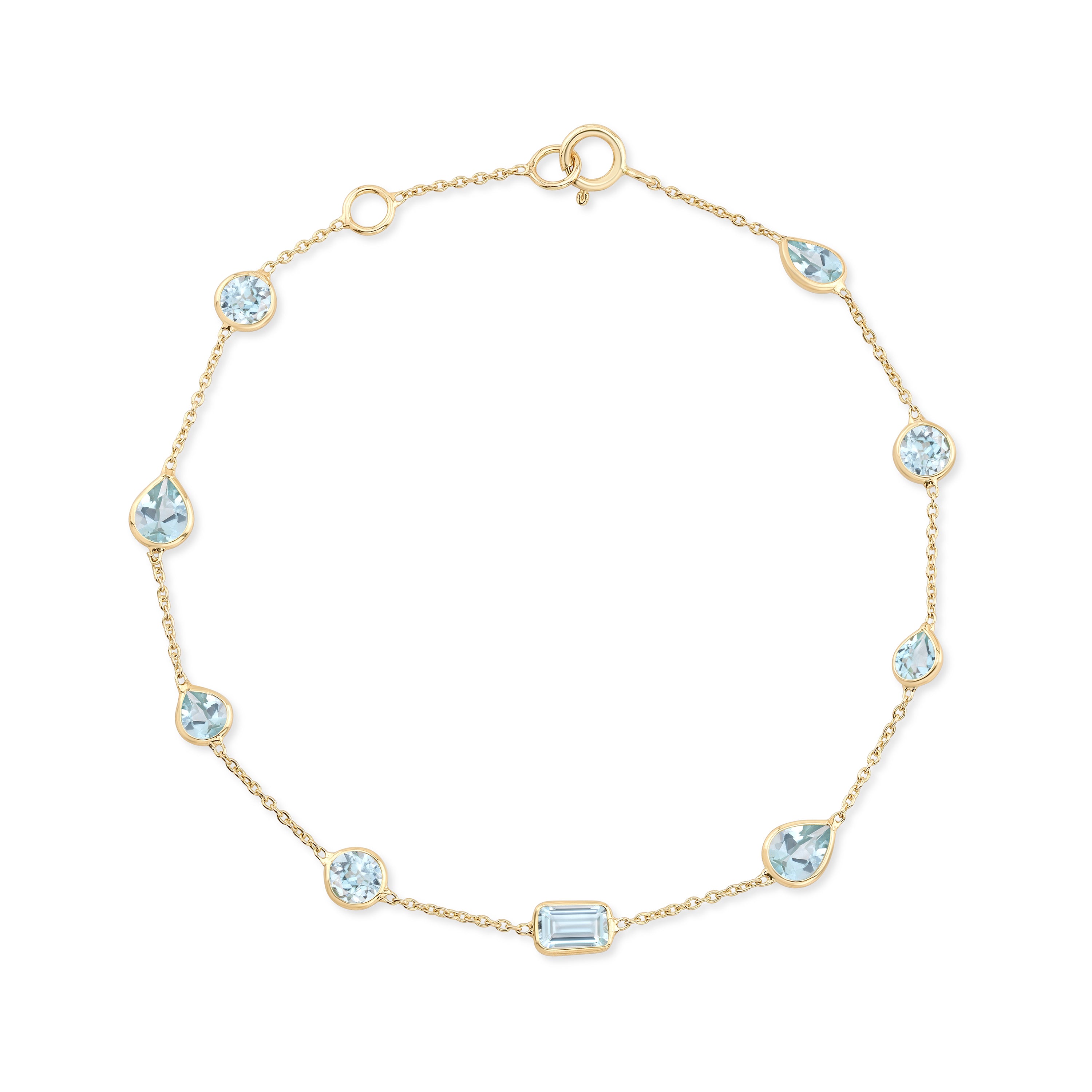 14ky gold bracelet with mixed shape Aquamarines. Shop March Birthstone with Carter Eve Jewelry.