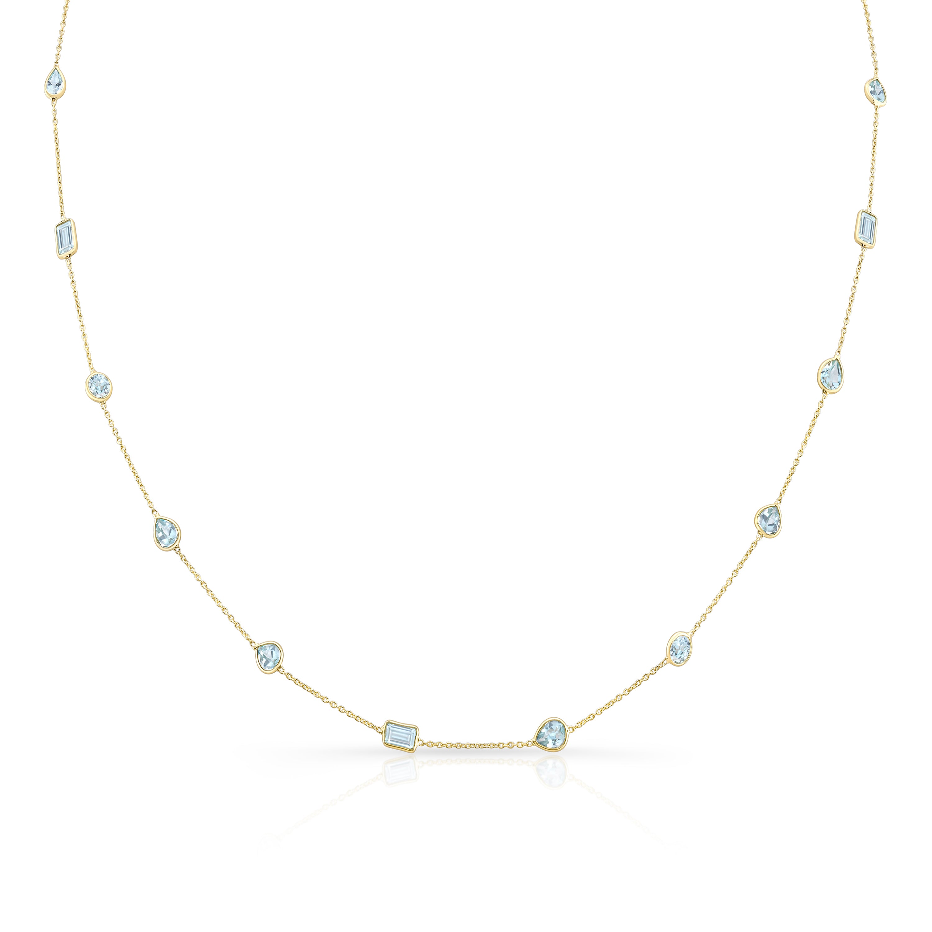 14ky gold necklace with mixed shape Aquamarines. Shop March Birthstone with Carter Eve Jewelry.